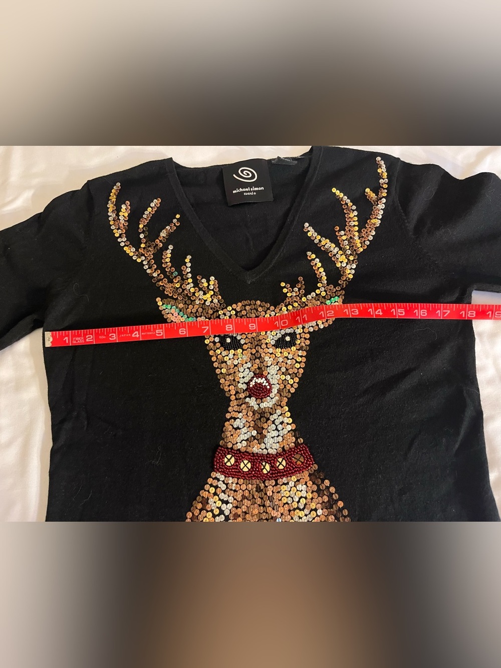 Michael Simon Black Sweater with Gold Sequin Reindeer and Red Cuff Accents - Picture 6 of 7
